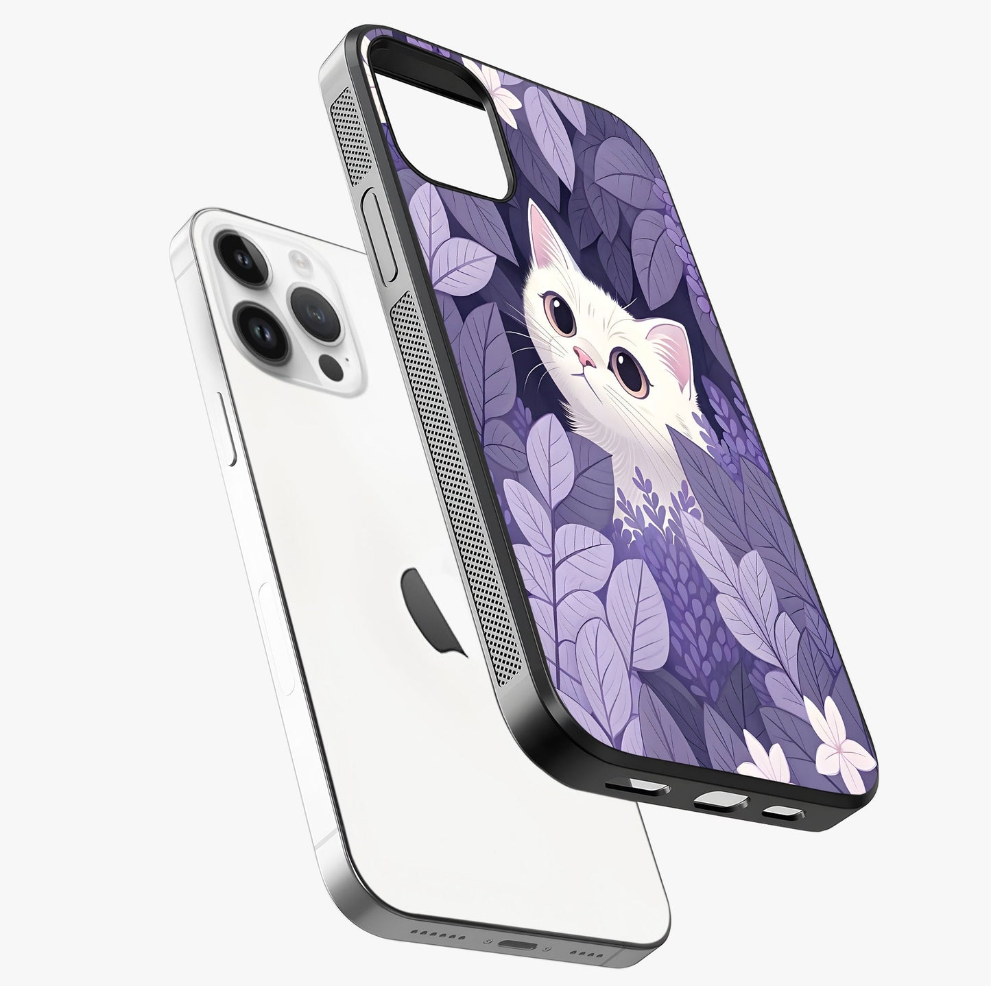 Lilac Hide Peek Cat Glass Case laid diagonally highlighting side profile, edges and glossy glass shine.