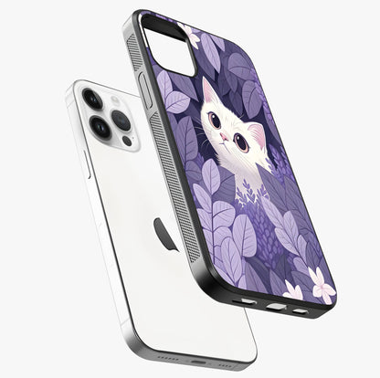 Lilac Hide Peek Cat Glass Case laid diagonally highlighting side profile, edges and glossy glass shine.