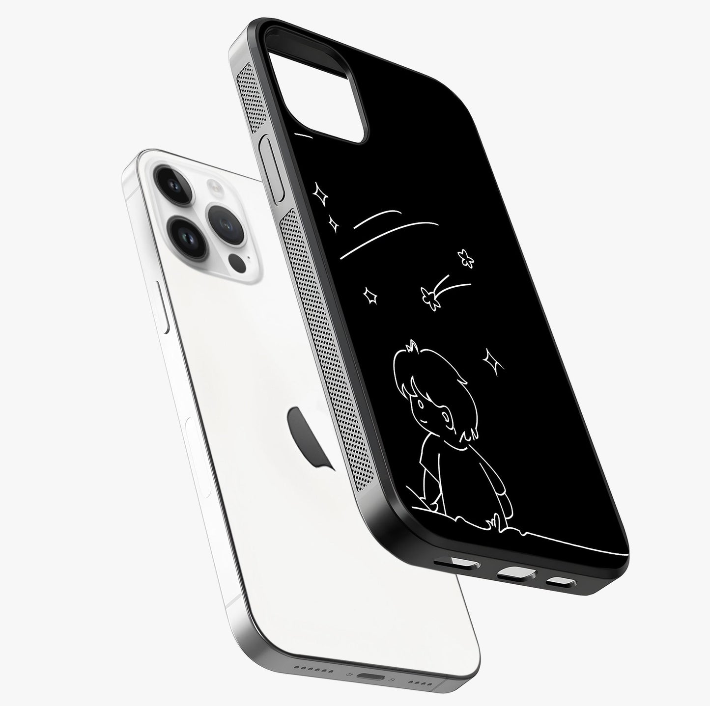 Line Art Boy With Shooting Stars Glass Case laid diagonally highlighting side profile, edges and glossy glass shine.