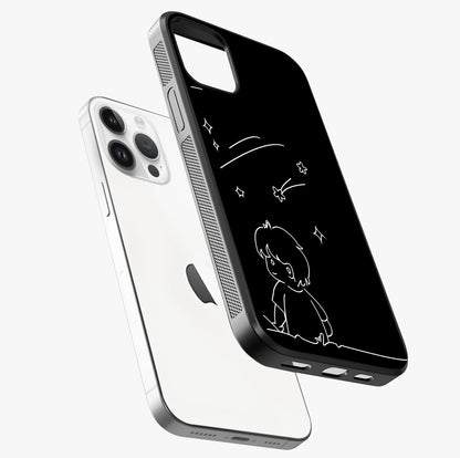 Line Art Boy With Shooting Stars Glass Case laid diagonally highlighting side profile, edges and glossy glass shine.