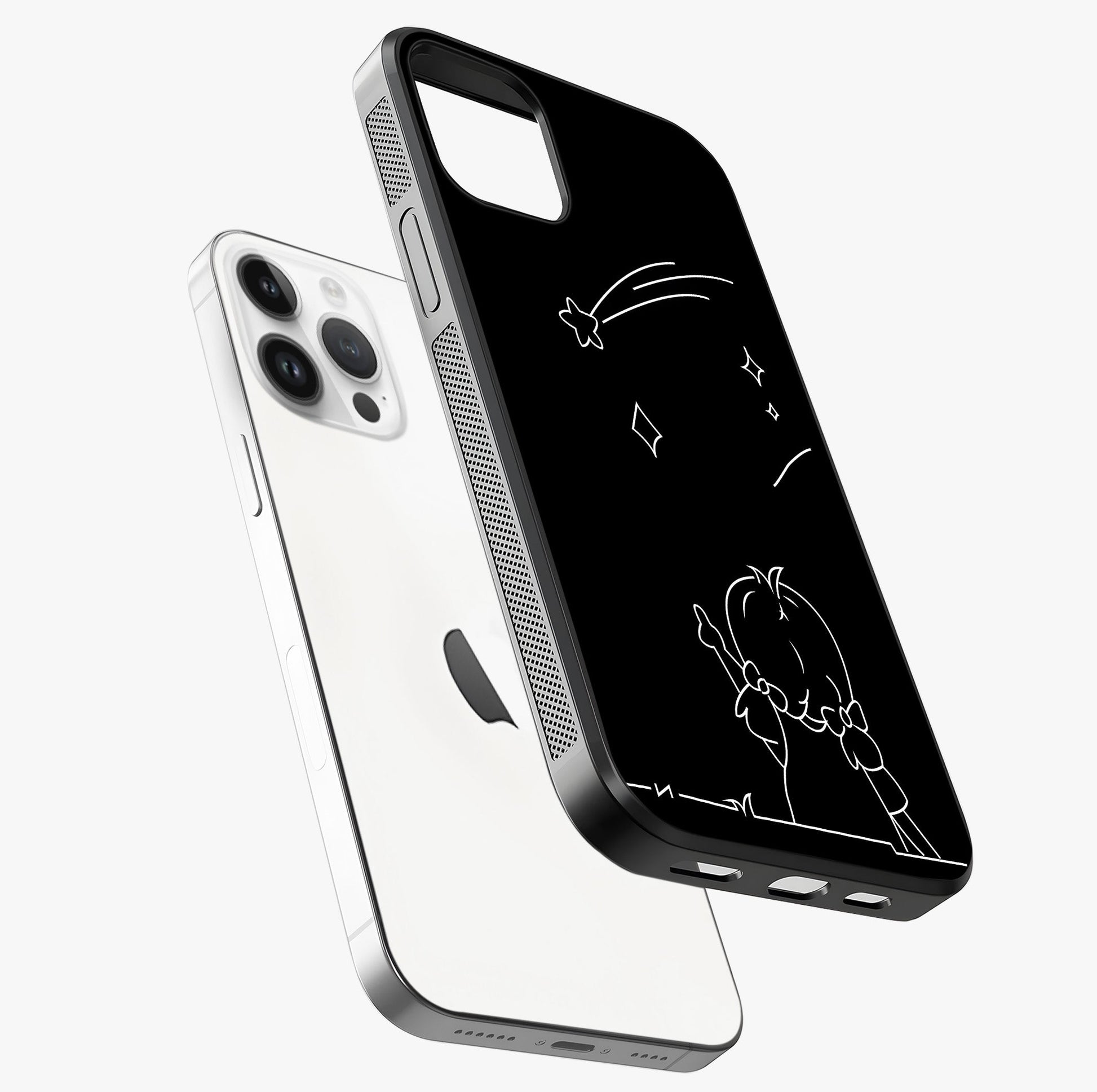 Line Art Girl With Shooting Stars Glass Case laid diagonally highlighting side profile, edges and glossy glass shine.