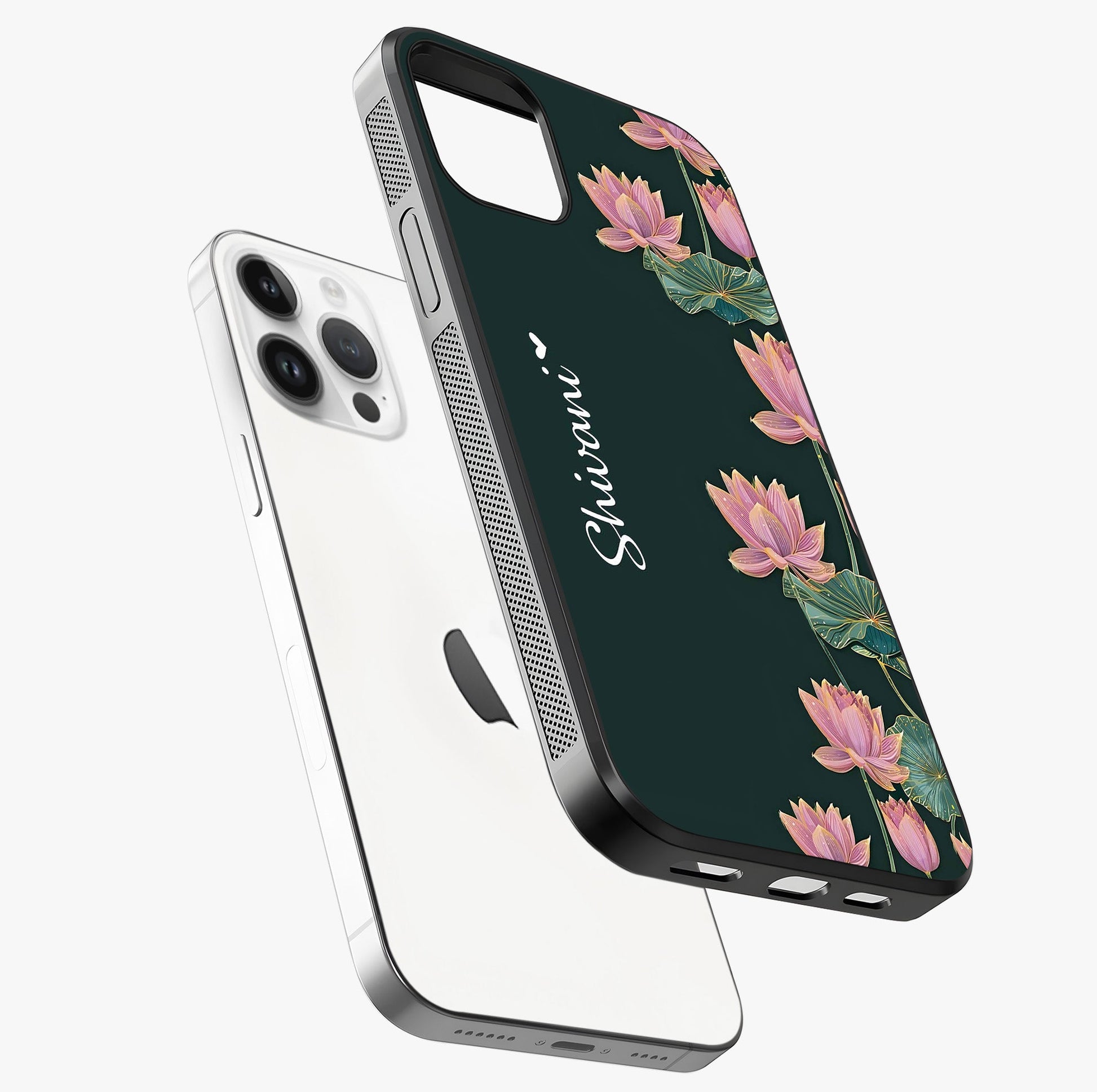 Lotus Bloom Serenity Custom Name Glass Case laid diagonally highlighting side profile, edges and glossy glass shine.