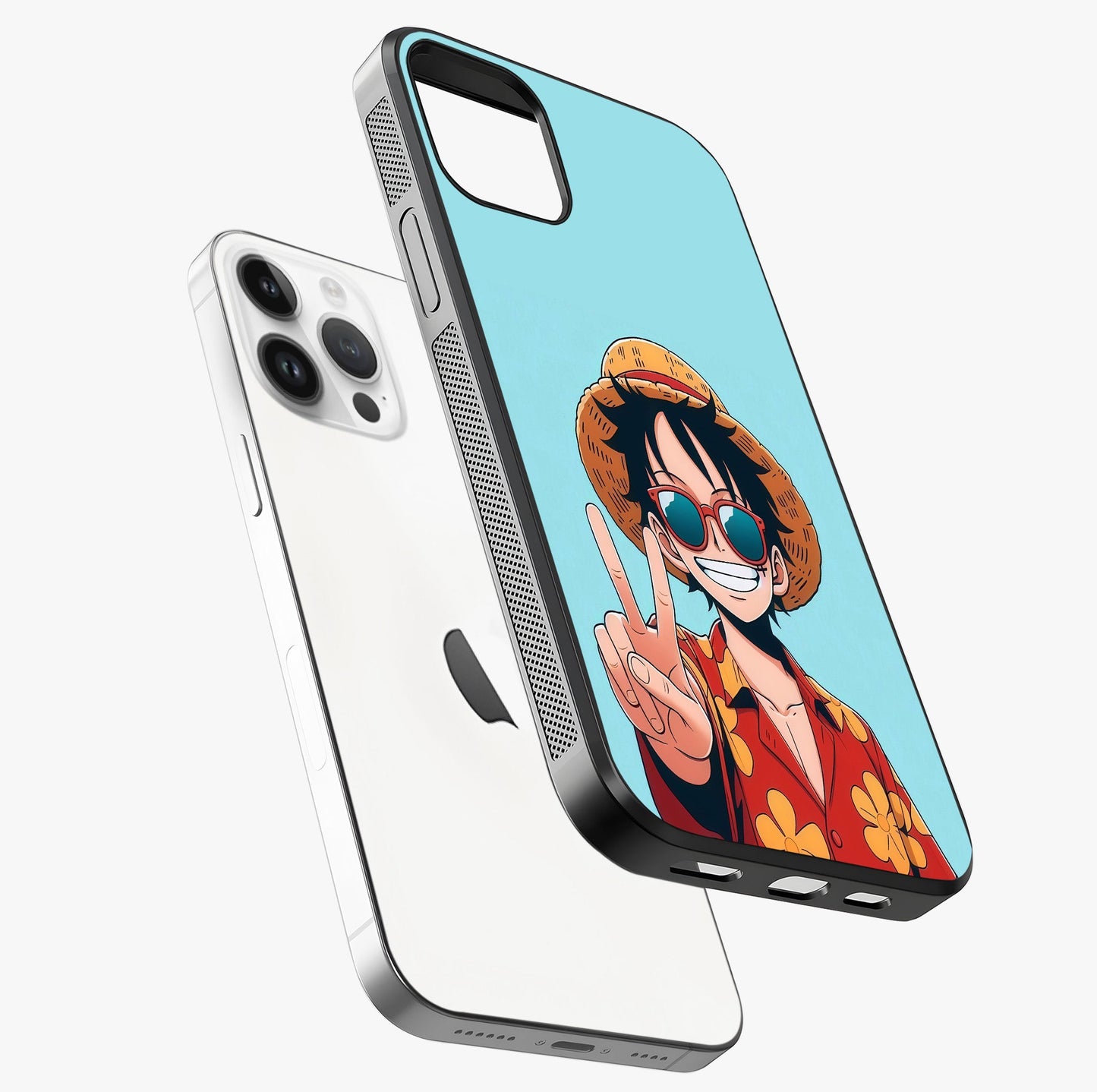 Luffy Summer Anime Vibe Glass Case laid diagonally highlighting side profile, edges and glossy glass shine.