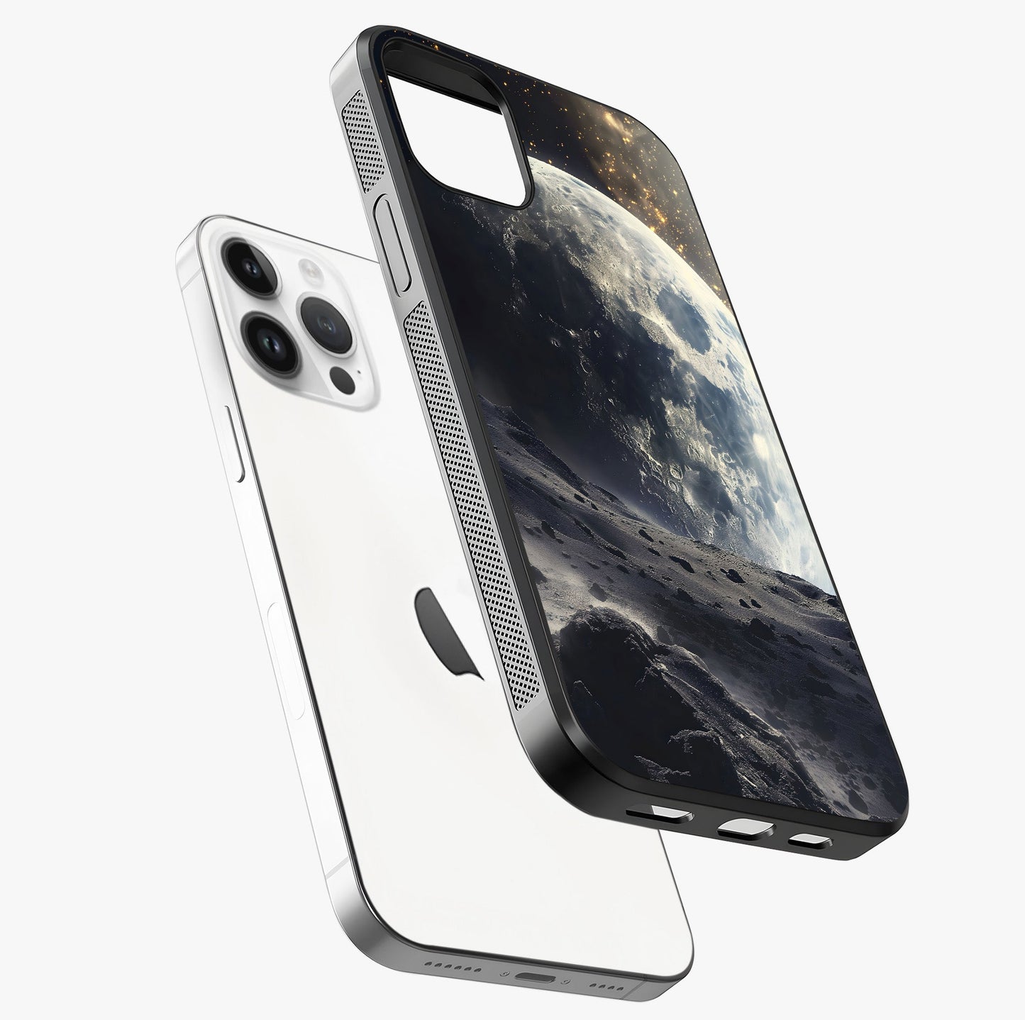 Lunar Horizon Glow Glass Case laid diagonally highlighting side profile, edges and glossy glass shine.