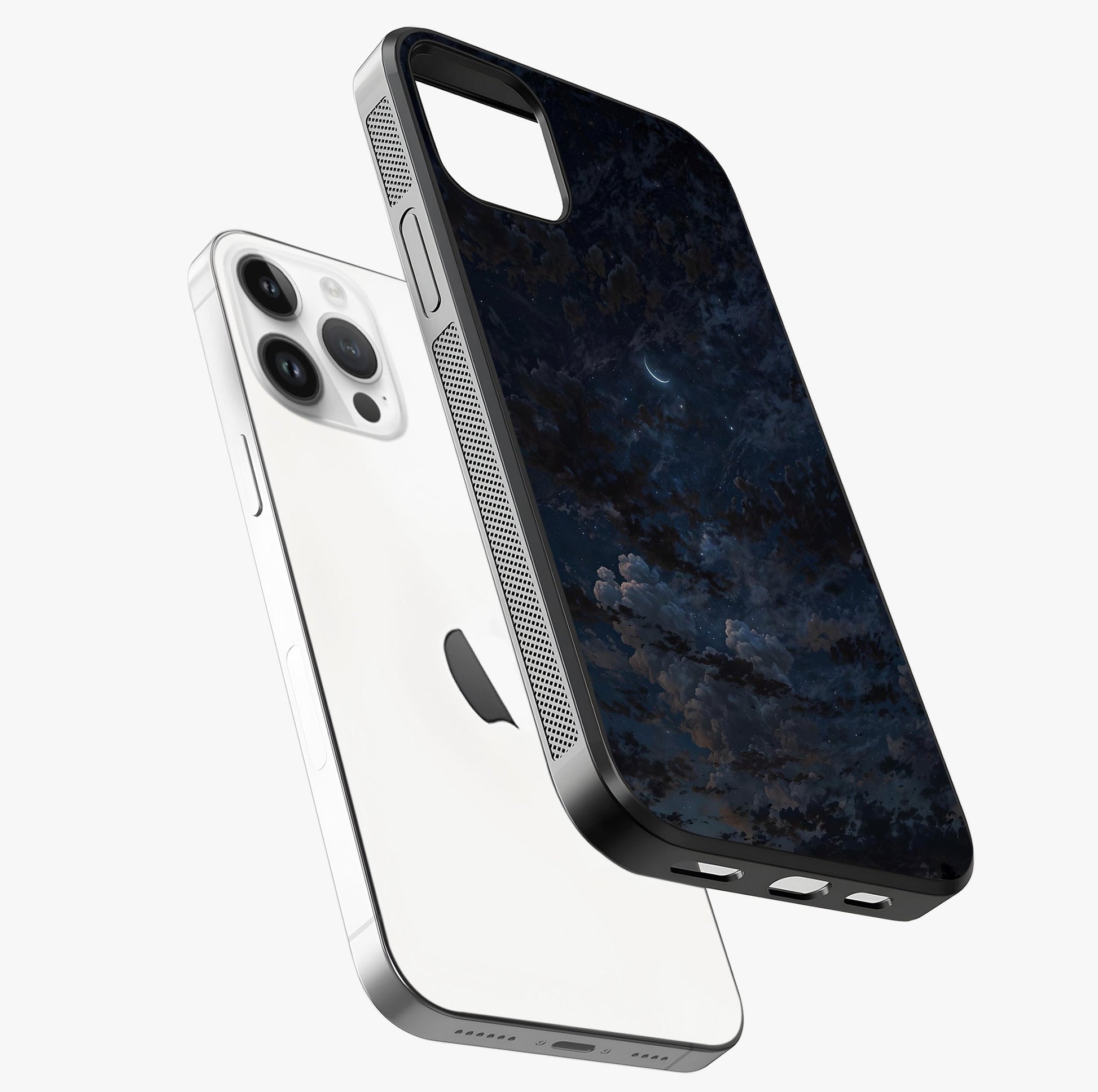 Lunar Veil Silence Glass Case laid diagonally highlighting side profile, edges and glossy glass shine.