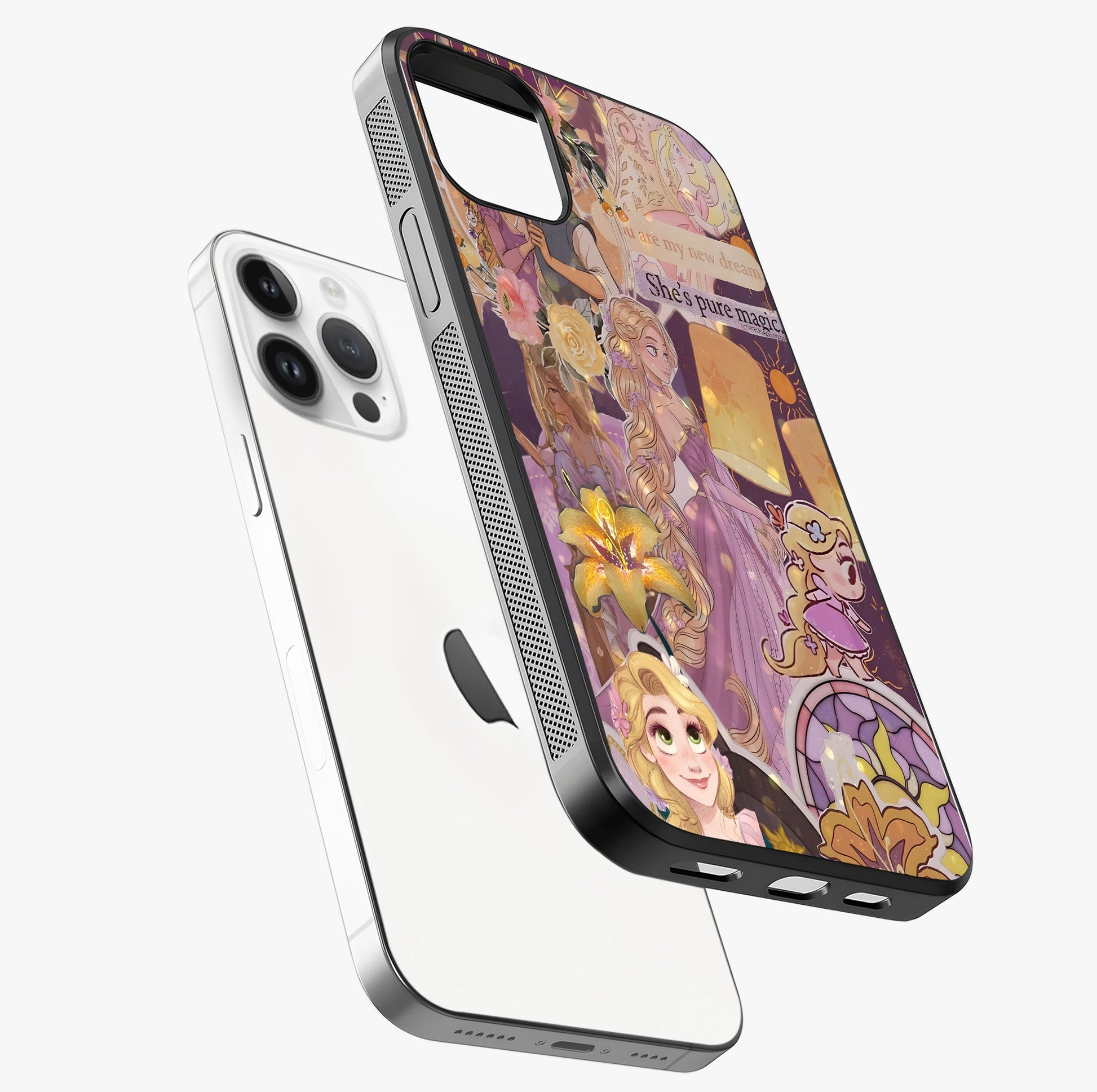 Magical Tangled Dream Glass Case laid diagonally highlighting side profile, edges and glossy glass shine.