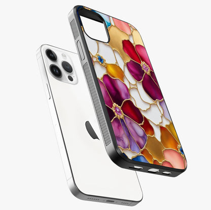Marble Flower Pattern Glass Case laid diagonally highlighting side profile, edges and glossy glass shine.