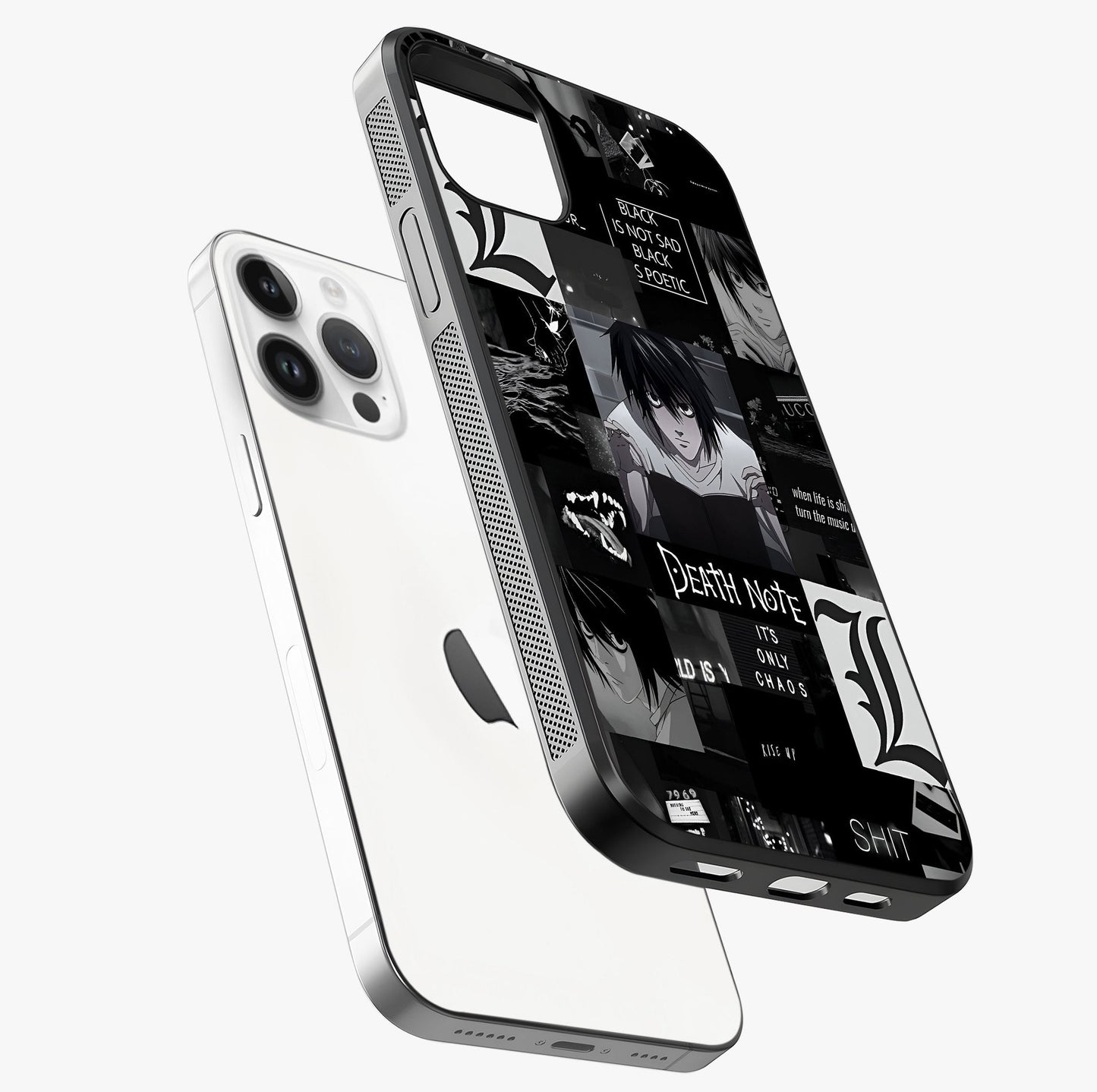 Midnight Chaos Mind Glass Case laid diagonally highlighting side profile, edges and glossy glass shine.