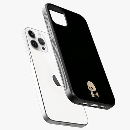 Midnight Panda Love Glass Case laid diagonally highlighting side profile, edges and glossy glass shine.