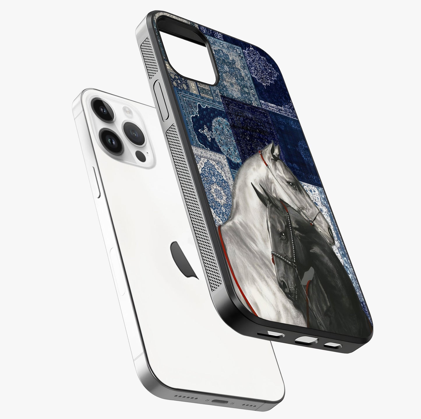 Midnight Stallion Blues Glass Case laid diagonally highlighting side profile, edges and glossy glass shine.