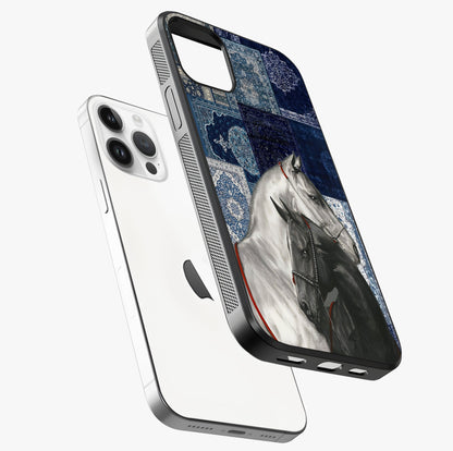 Midnight Stallion Blues Glass Case laid diagonally highlighting side profile, edges and glossy glass shine.