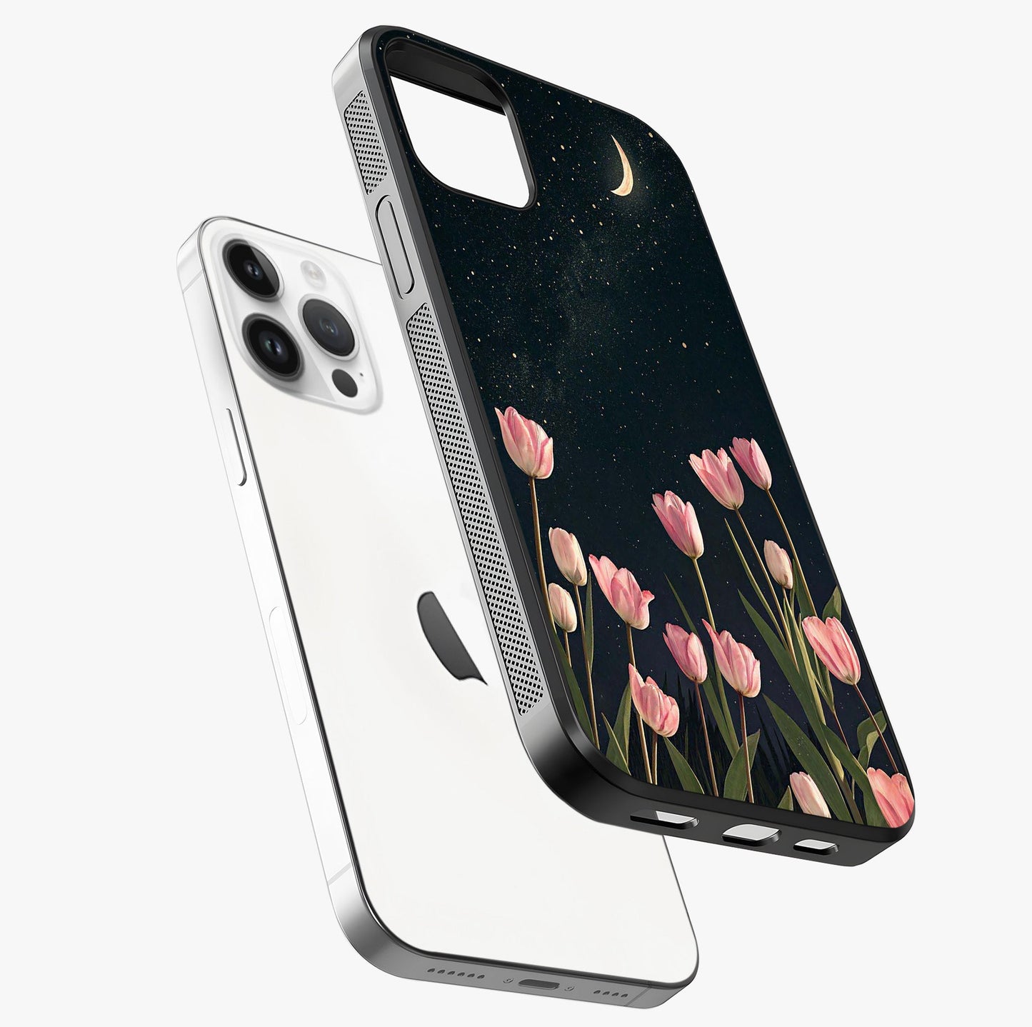 Midnight Tulip Whispers Vibe Glass Case laid diagonally highlighting side profile, edges and glossy glass shine.