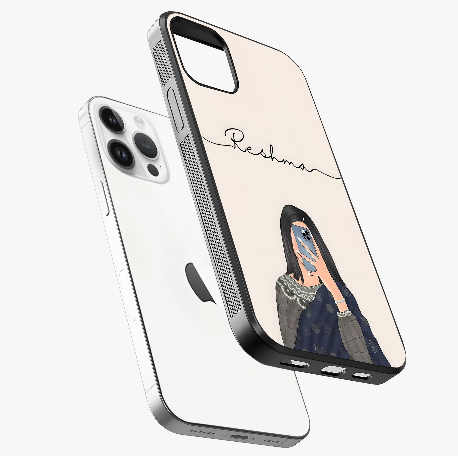 Mirror Mood Muse With Custom Name Glass Case laid diagonally highlighting side profile, edges and glossy glass shine.