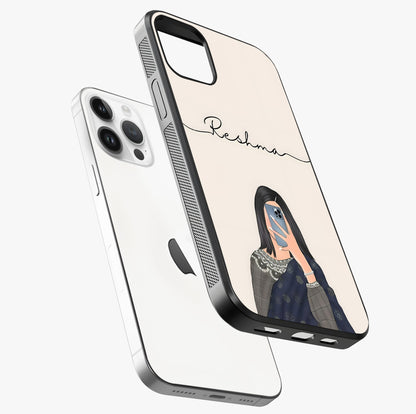 Mirror Mood Muse With Custom Name Glass Case laid diagonally highlighting side profile, edges and glossy glass shine.