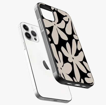 Monochrome Petal Dance Glass Case laid diagonally highlighting side profile, edges and glossy glass shine.