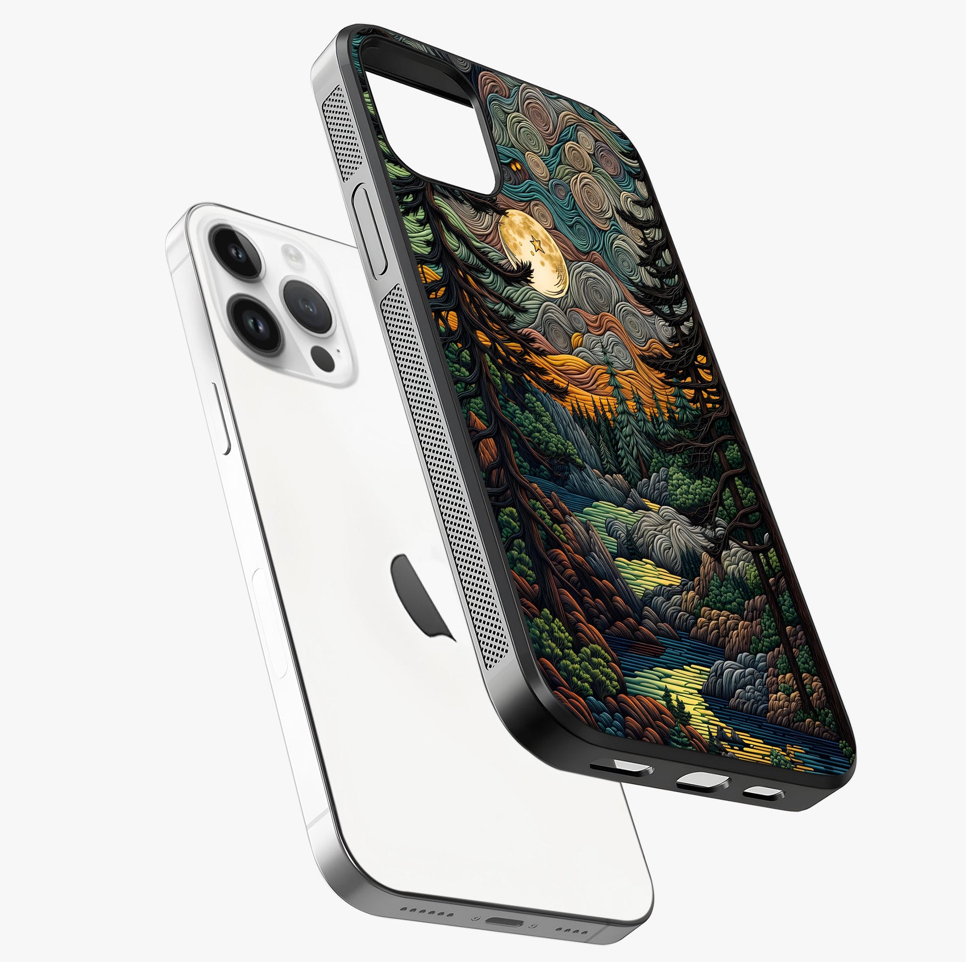 Moonlight Forest Dream Glass Case laid diagonally highlighting side profile, edges and glossy glass shine.