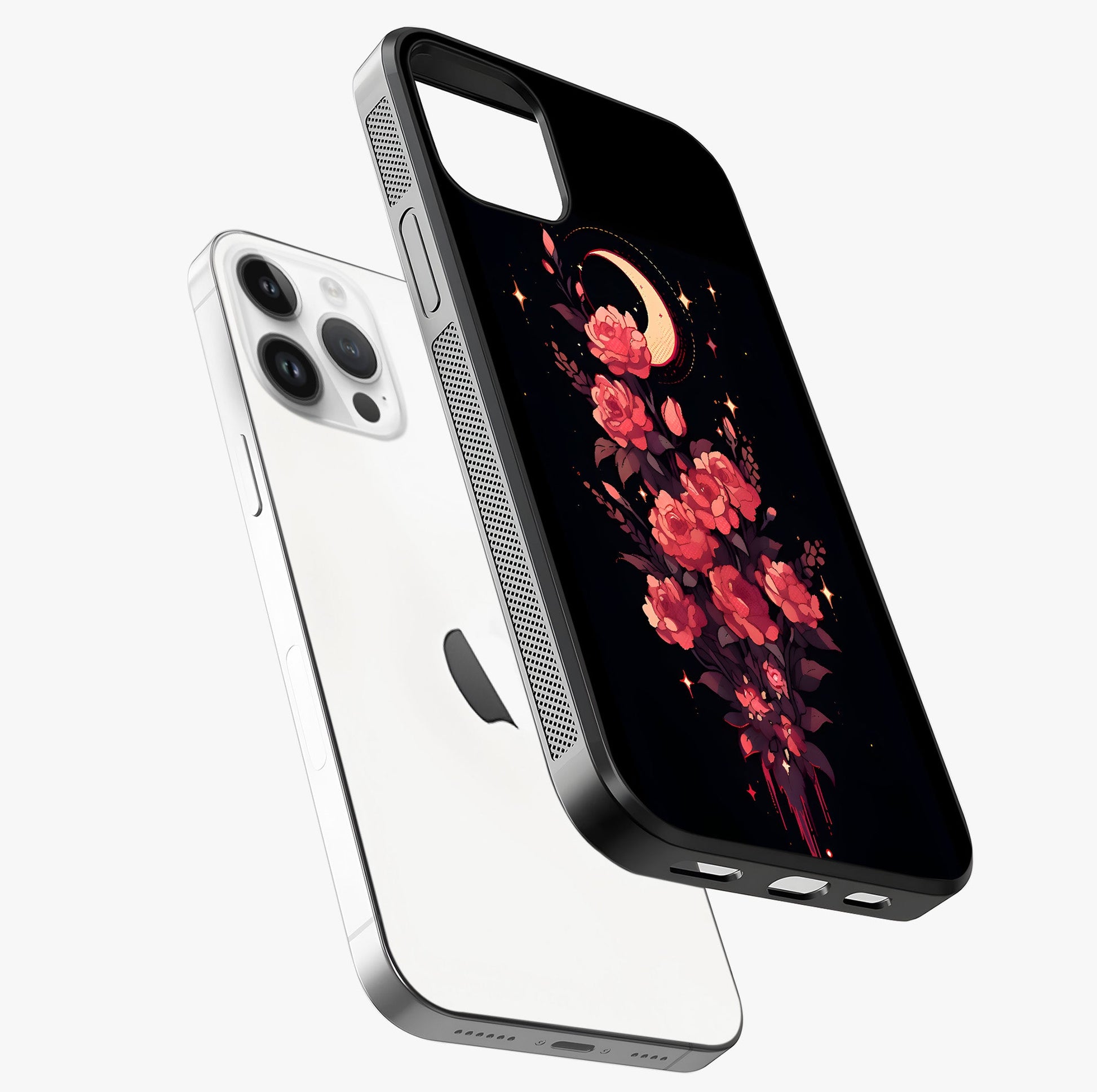 Moonlit Floral Elegance Glass Case laid diagonally highlighting side profile, edges and glossy glass shine.
