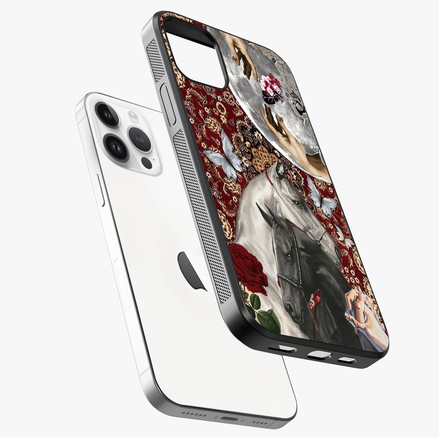 Moonlit Royal Stallion Glass Case laid diagonally highlighting side profile, edges and glossy glass shine.