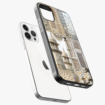 Mughal Marble Legacy Glass Case laid diagonally highlighting side profile, edges and glossy glass shine.