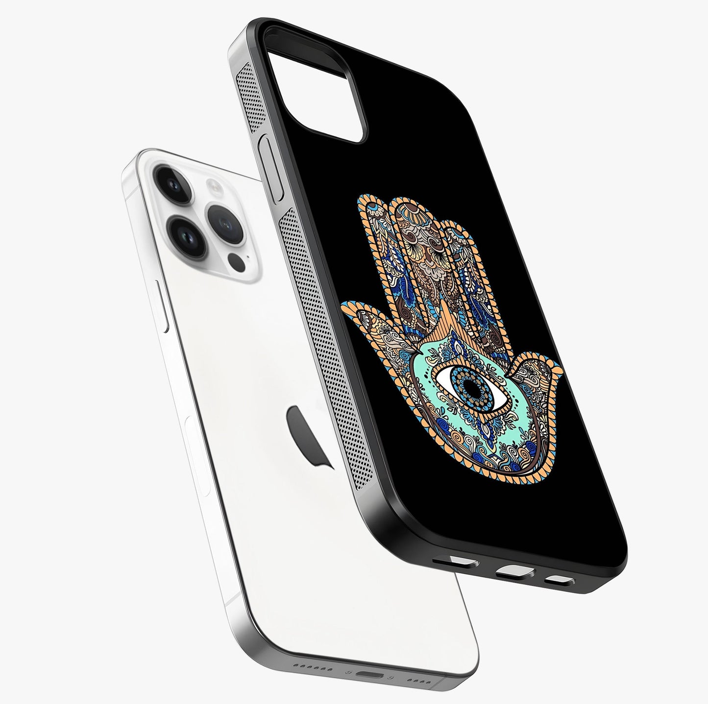 Mystic Hamsa Eye Glass Case laid diagonally highlighting side profile, edges and glossy glass shine.