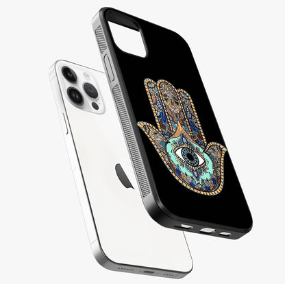 Mystic Hamsa Eye Glass Case laid diagonally highlighting side profile, edges and glossy glass shine.