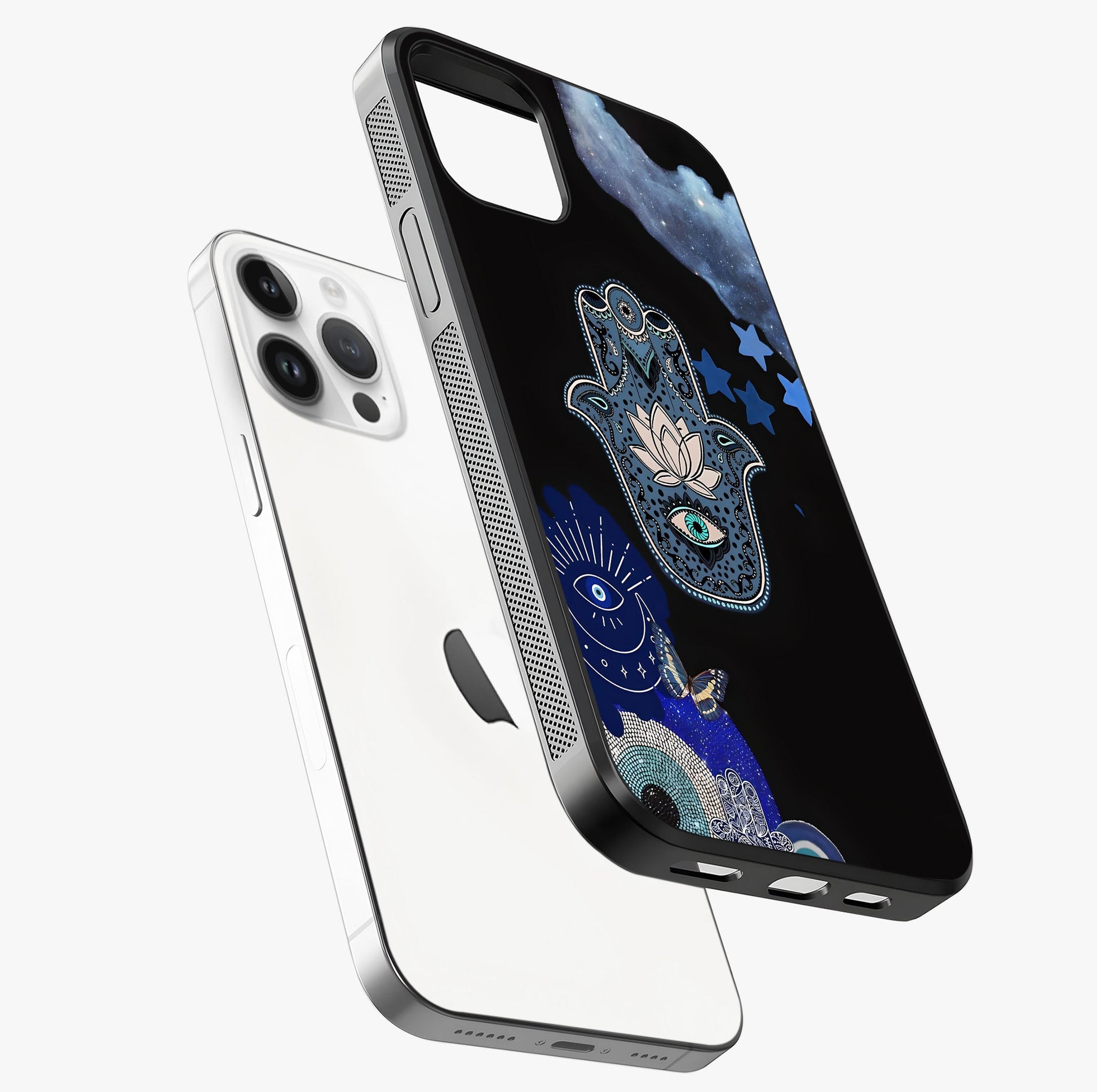 Mystic Hand Aura Glass Case laid diagonally highlighting side profile, edges and glossy glass shine.
