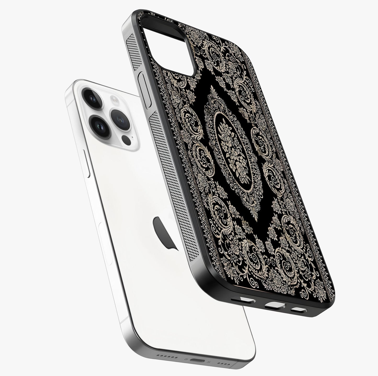 Noir Bloom Elegance Glass Case laid diagonally highlighting side profile, edges and glossy glass shine.