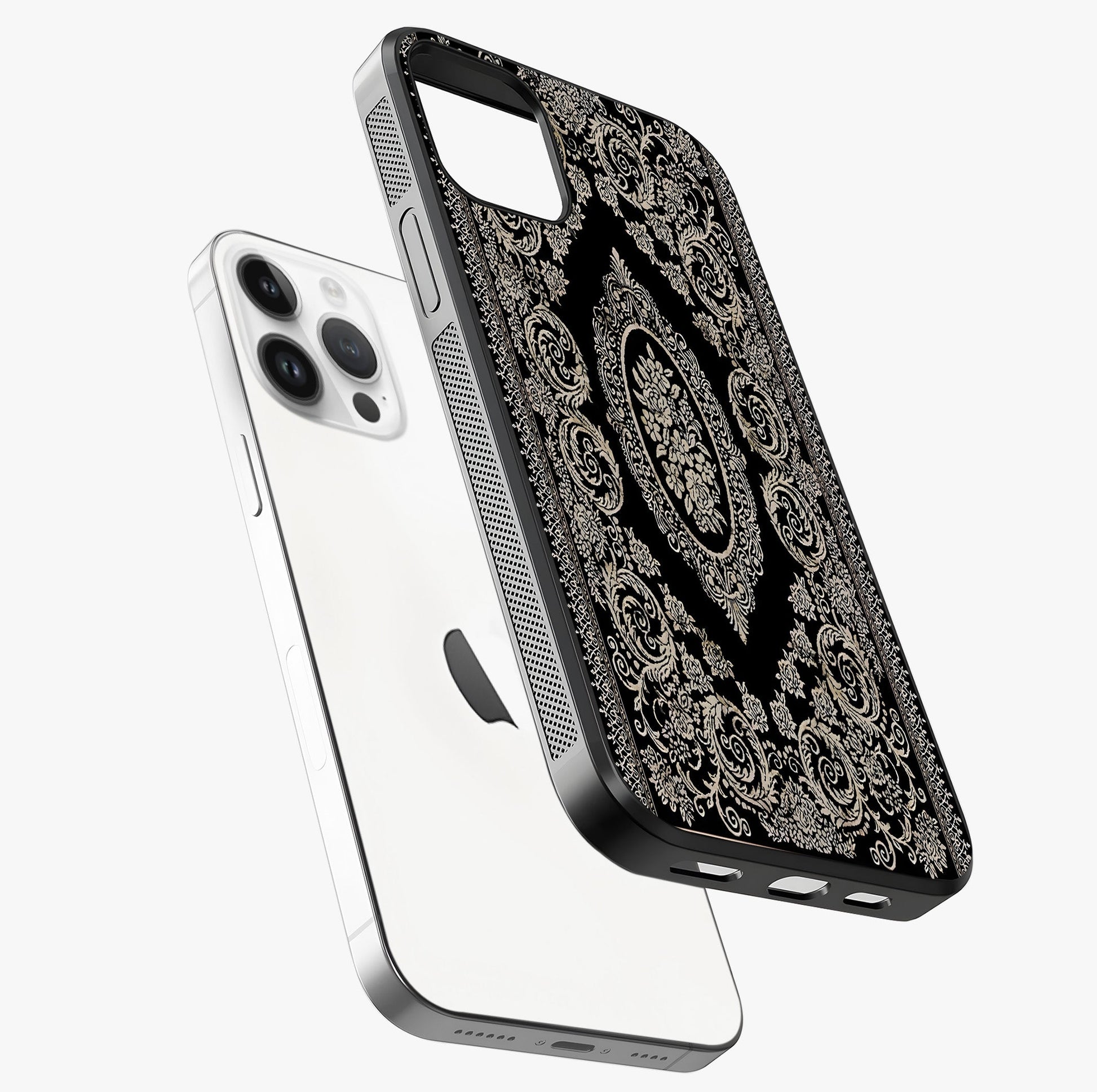 Noir Bloom Elegance Glass Case laid diagonally highlighting side profile, edges and glossy glass shine.
