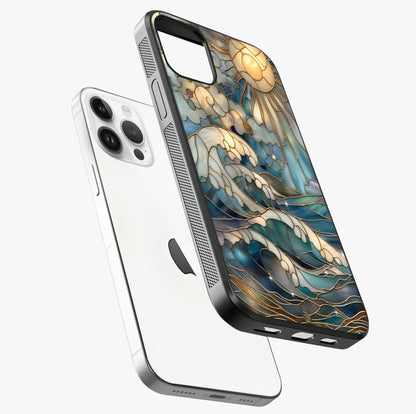 Oceanic Stained Printed Glass Case laid diagonally highlighting side profile, edges and glossy glass shine.