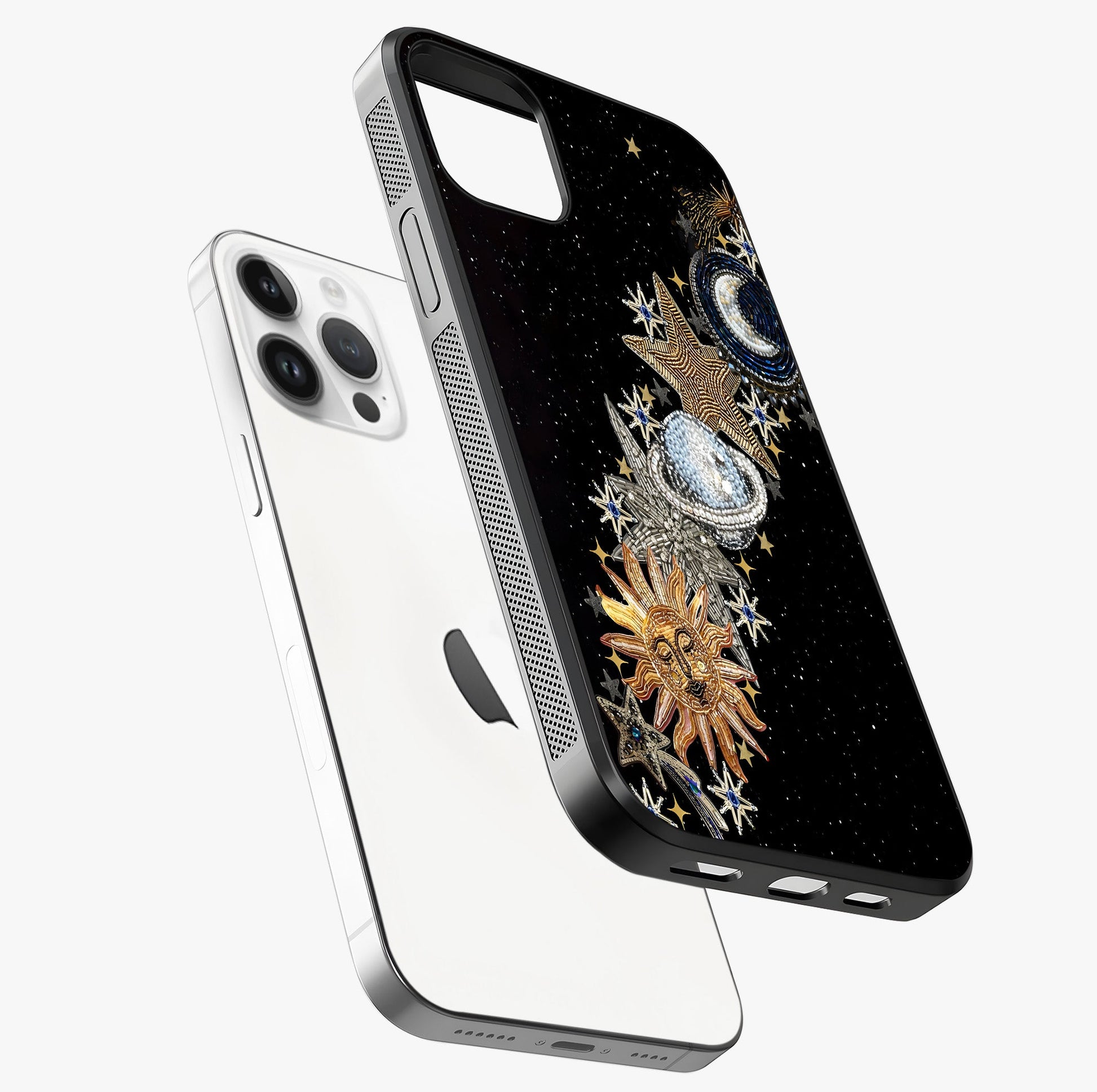 Pearls Universe Object Glass Case laid diagonally highlighting side profile, edges and glossy glass shine.