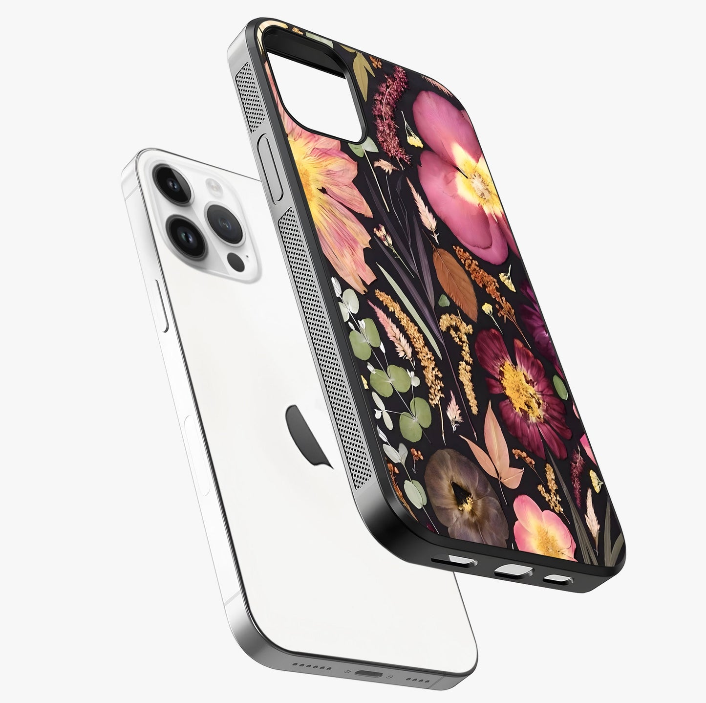 Petal Dream Tapestry Glass Case laid diagonally highlighting side profile, edges and glossy glass shine.