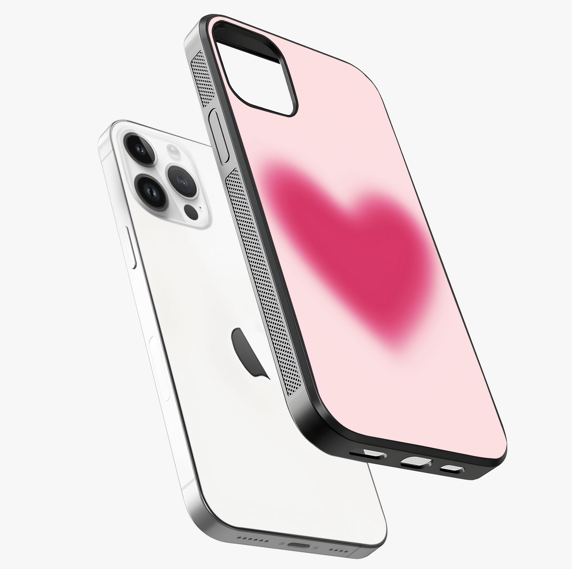 Pink Aura Heart Glass Case laid diagonally highlighting side profile, edges and glossy glass shine.