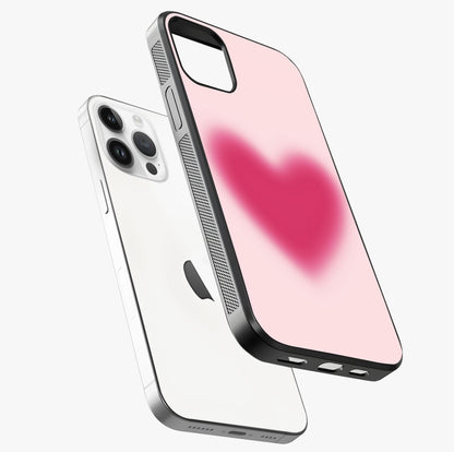 Pink Aura Heart Glass Case laid diagonally highlighting side profile, edges and glossy glass shine.