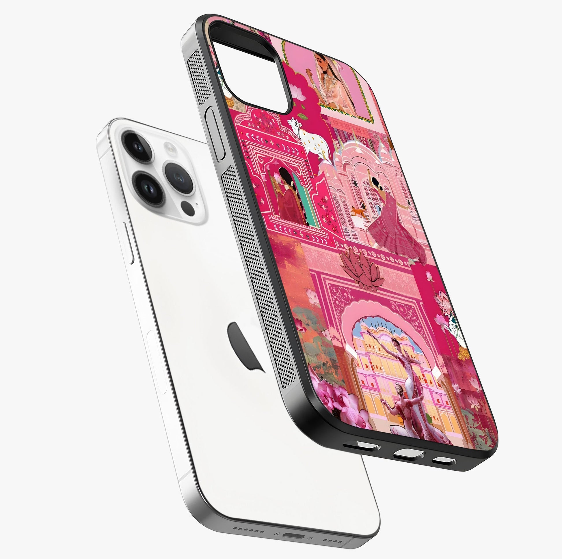 Pink Palace Muse Glass Case laid diagonally highlighting side profile, edges and glossy glass shine.