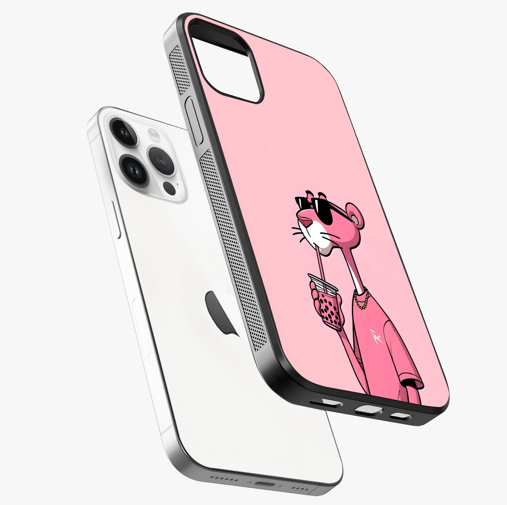 Pink Panther Glass Case laid diagonally highlighting side profile, edges and glossy glass shine.