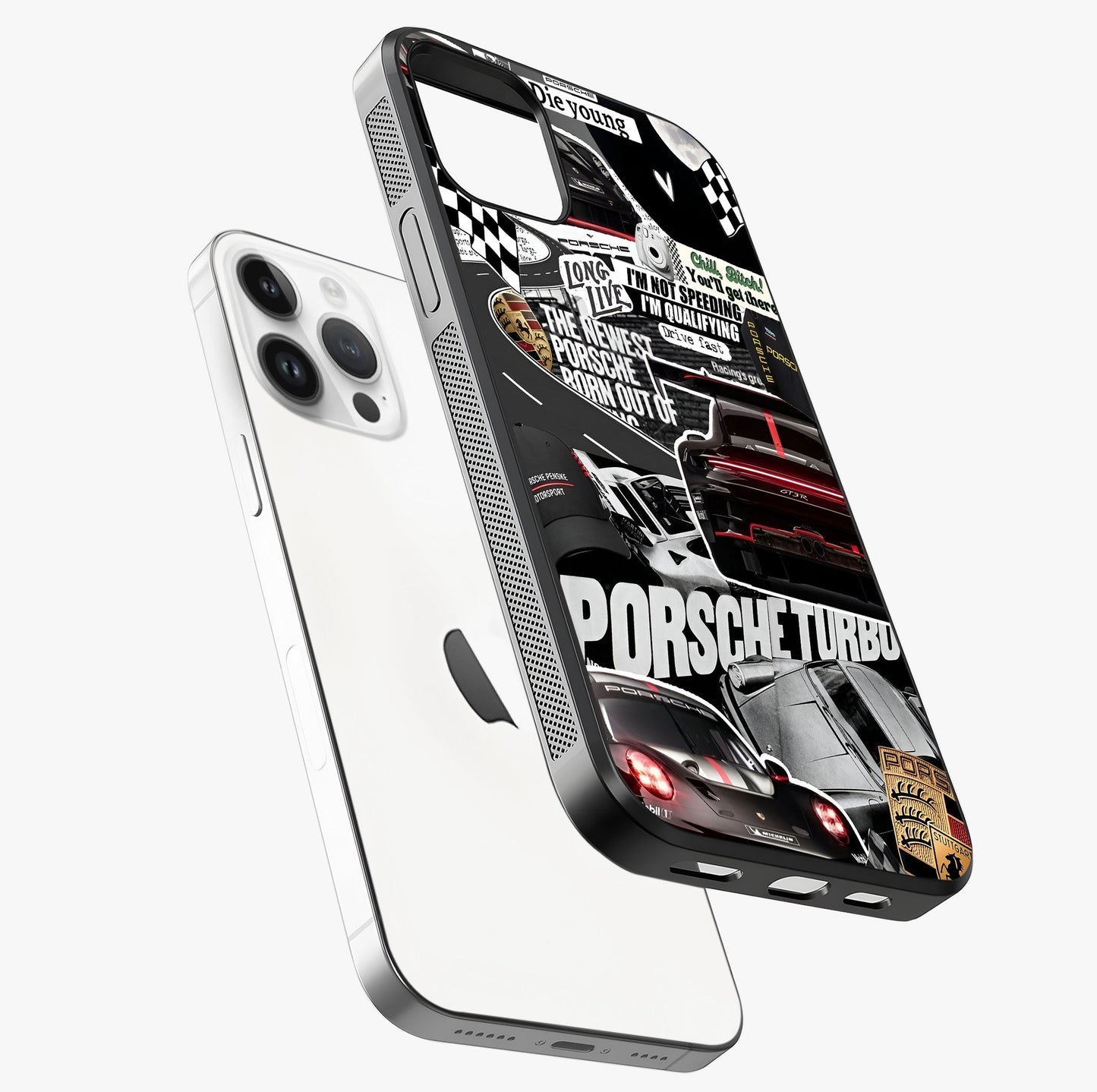 Porsche Racing Collage Glass Case laid diagonally highlighting side profile, edges and glossy glass shine.
