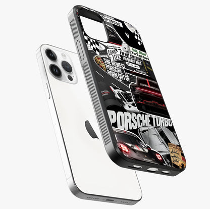 Porsche Racing Collage Glass Case laid diagonally highlighting side profile, edges and glossy glass shine.