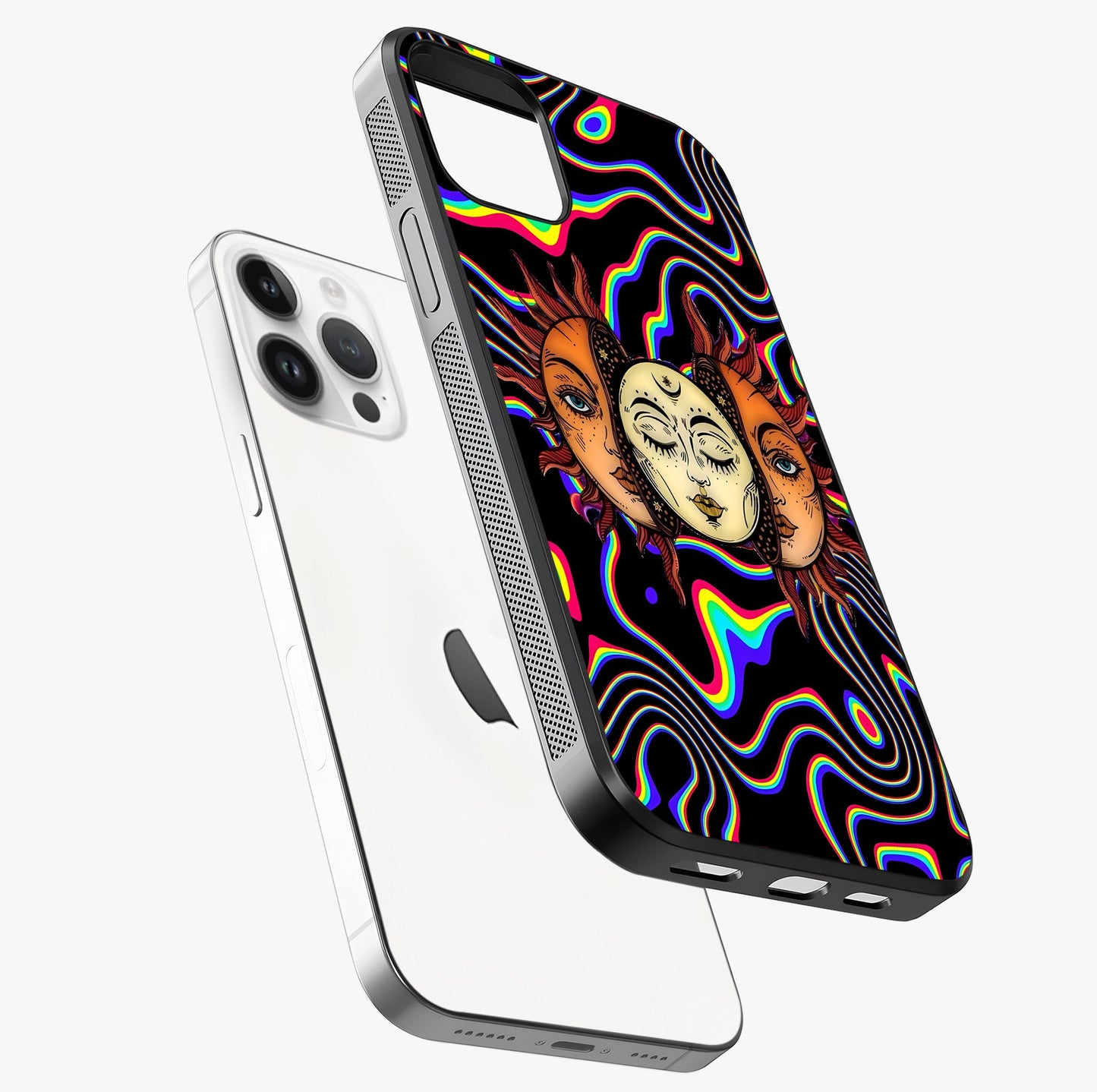 Psychedelic Sun Glass Case laid diagonally highlighting side profile, edges and glossy glass shine.