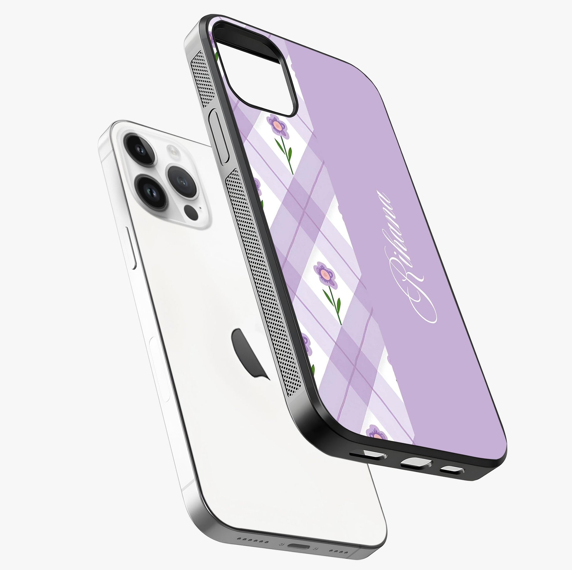 Purple Diamond Floral Glass Case laid diagonally highlighting side profile, edges and glossy glass shine.