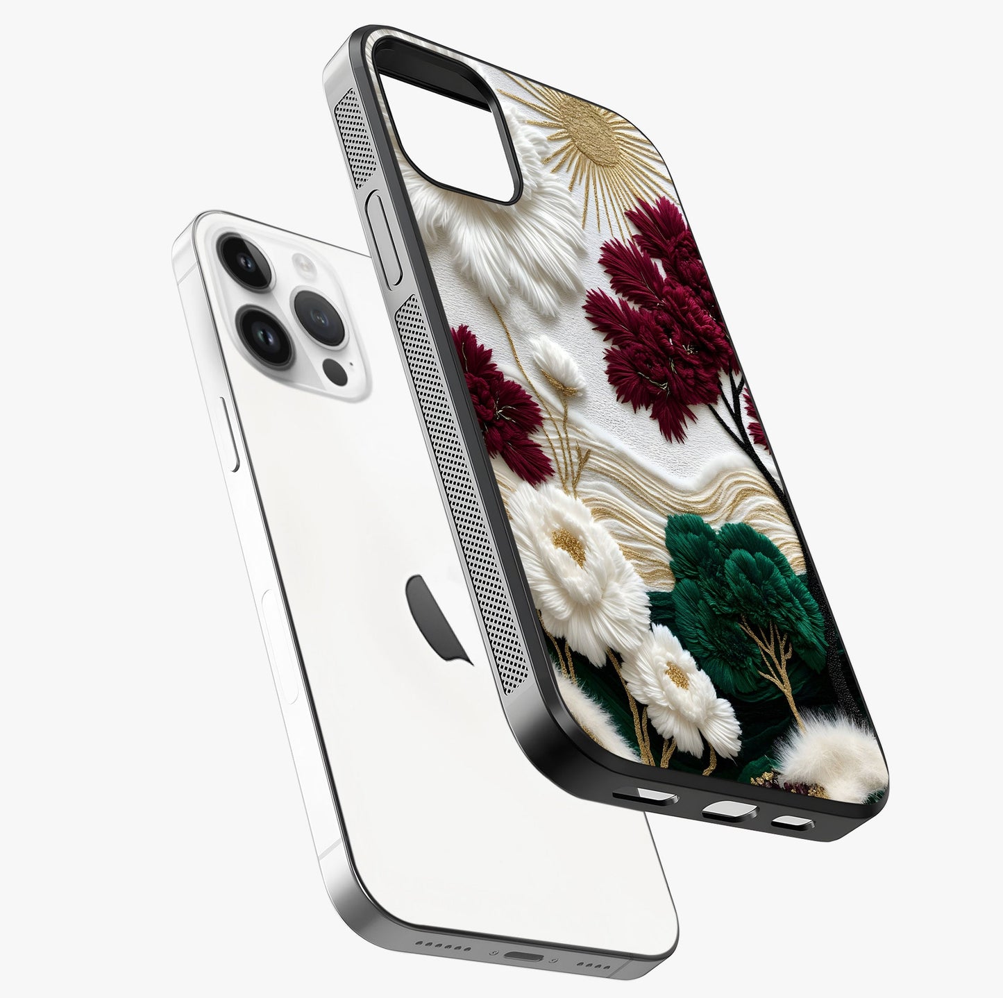 Radiant Bloom Elegance Glass Case laid diagonally highlighting side profile, edges and glossy glass shine.