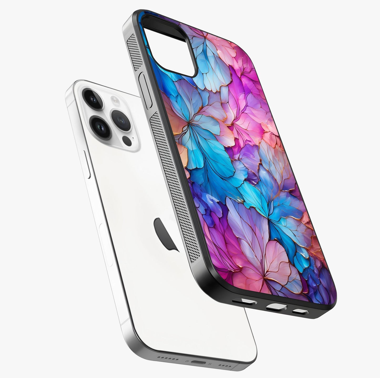 Radiant Floral Whirl Glass Case laid diagonally highlighting side profile, edges and glossy glass shine.