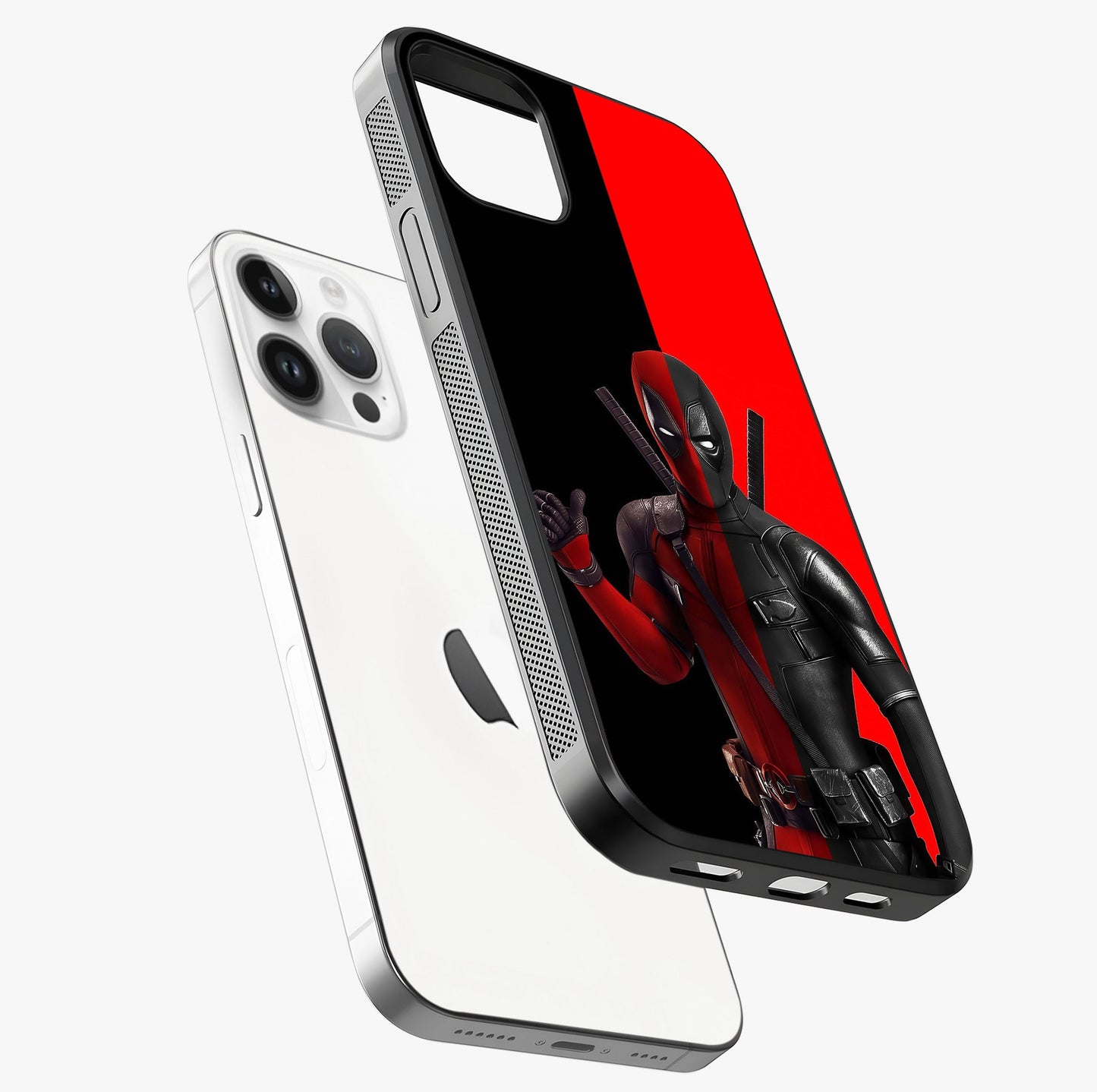 Red & Black Deadpool Theme Glass Case laid diagonally highlighting side profile, edges and glossy glass shine.