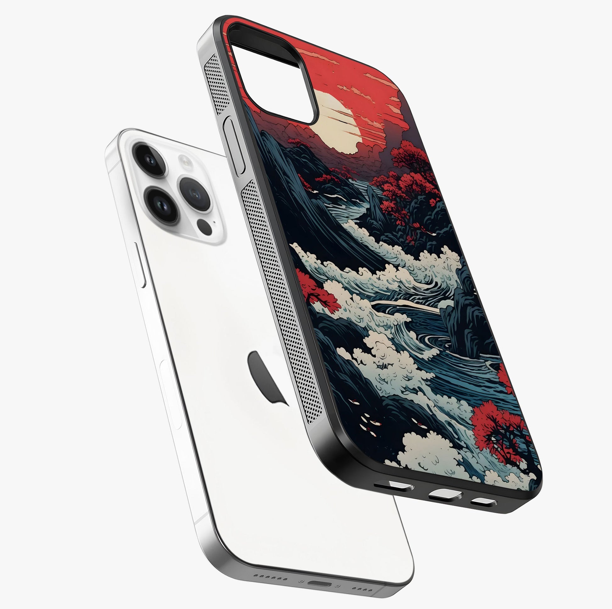 Red Sunset Scenery Glass Case laid diagonally highlighting side profile, edges and glossy glass shine.