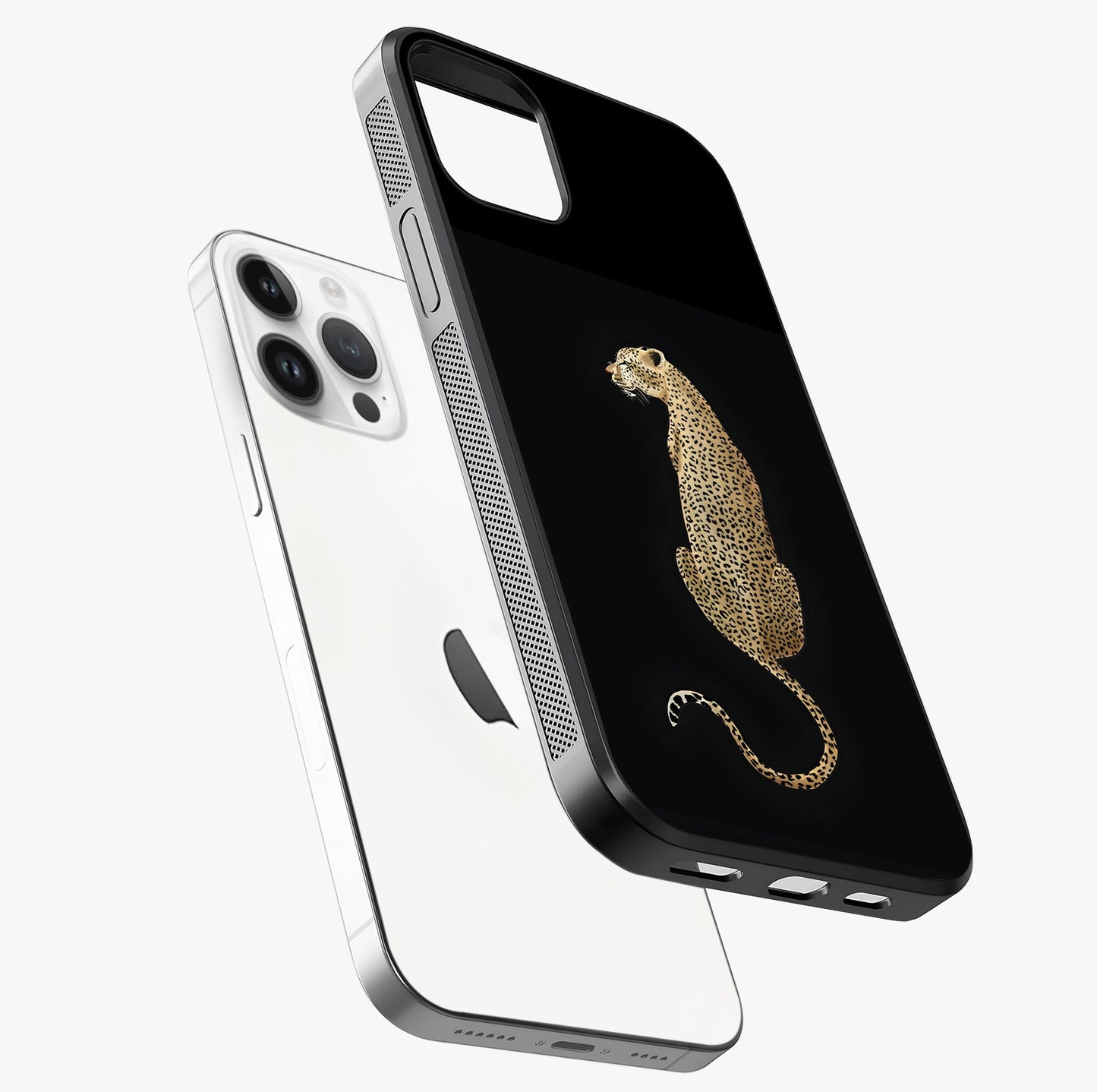 Regal Leopard Glass Case laid diagonally highlighting side profile, edges and glossy glass shine.