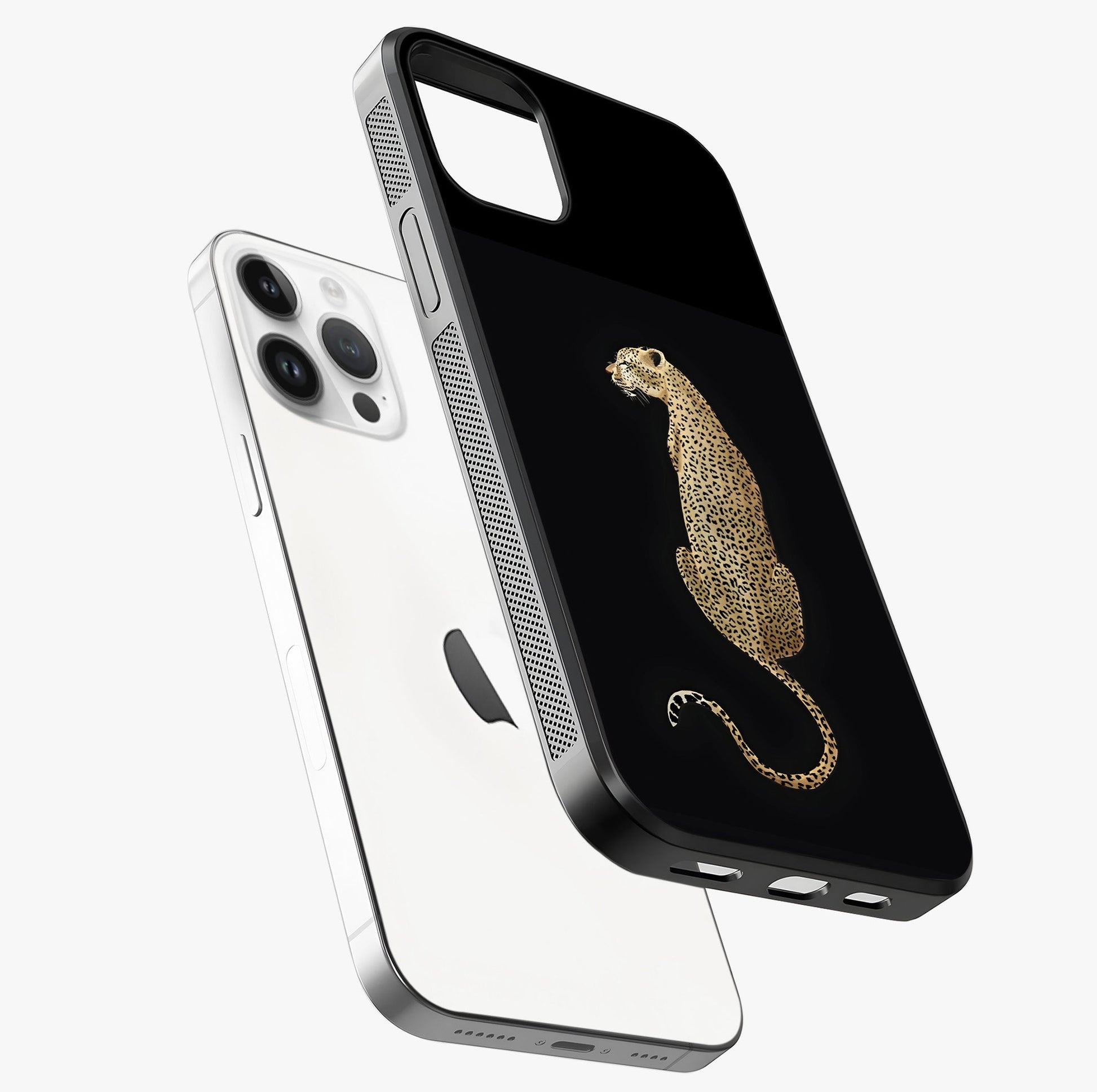 Regal Leopard Glass Case laid diagonally highlighting side profile, edges and glossy glass shine.