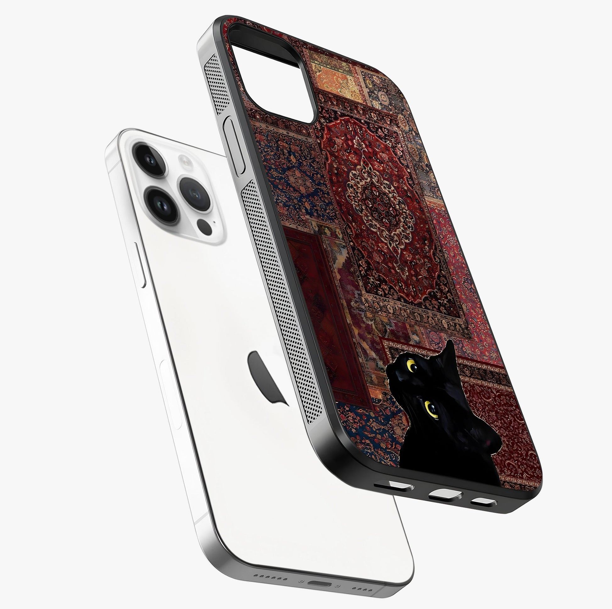 Regal Magic Cat Apple Glass Case laid diagonally highlighting side profile, edges and glossy glass shine.