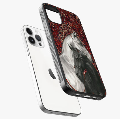 Regal Stallion Tapestry Glass Case laid diagonally highlighting side profile, edges and glossy glass shine.