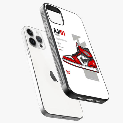 Retro Sneaker Blueprint Glass Case laid diagonally highlighting side profile, edges and glossy glass shine.