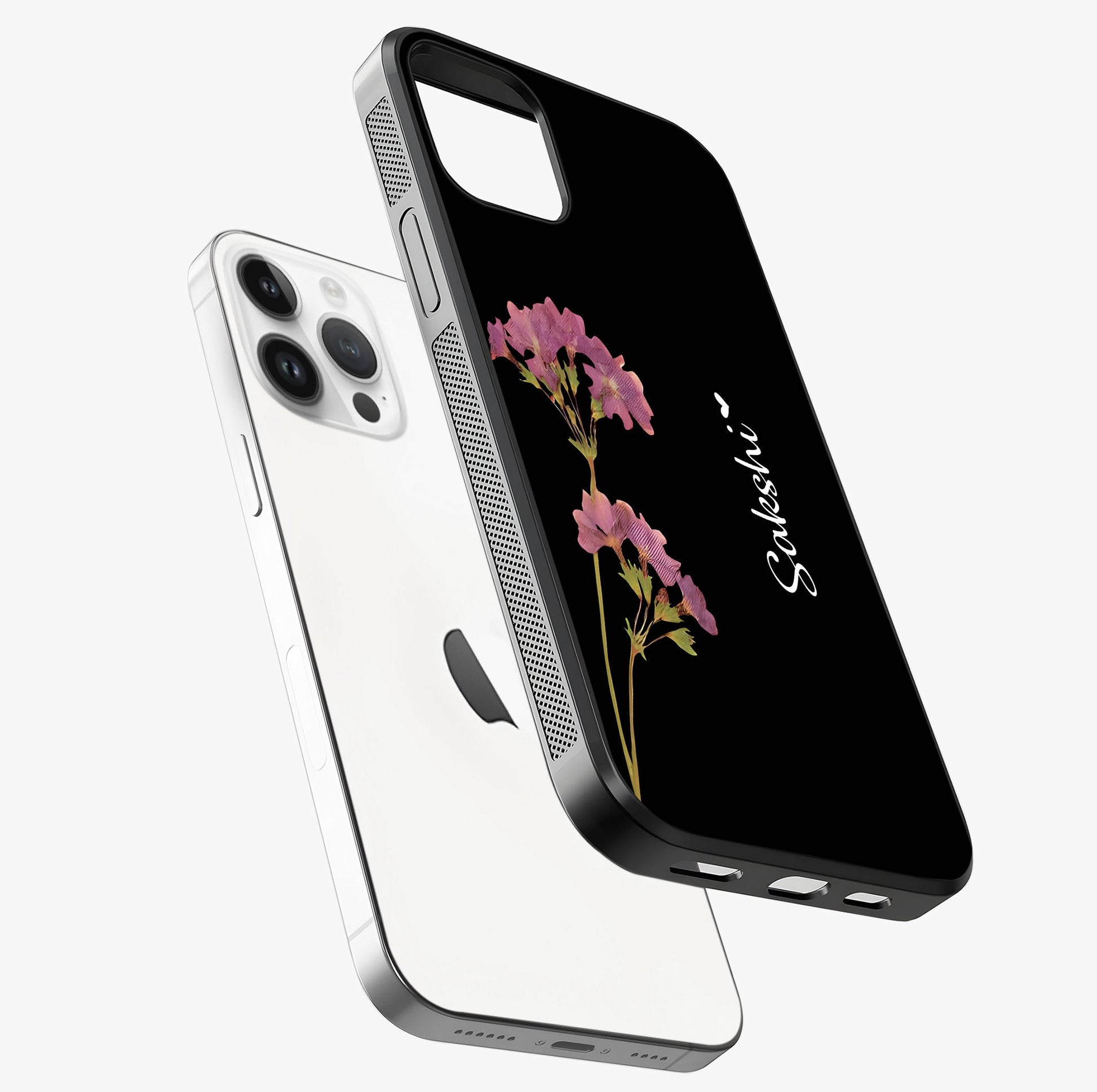 Riching Lavender Flower Custom Name Glass Case laid diagonally highlighting side profile, edges and glossy glass shine.