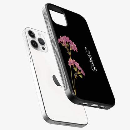 Riching Lavender Flower Custom Name Glass Case laid diagonally highlighting side profile, edges and glossy glass shine.